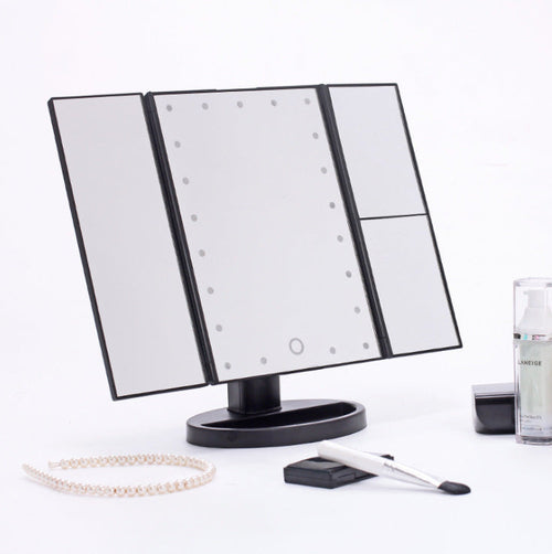 Three-Sided Foldable LED Makeup Mirror – 1× 2× 3× 10× Magnification, 180° Rotation, Dual Power - Sally Makeup Accessories 