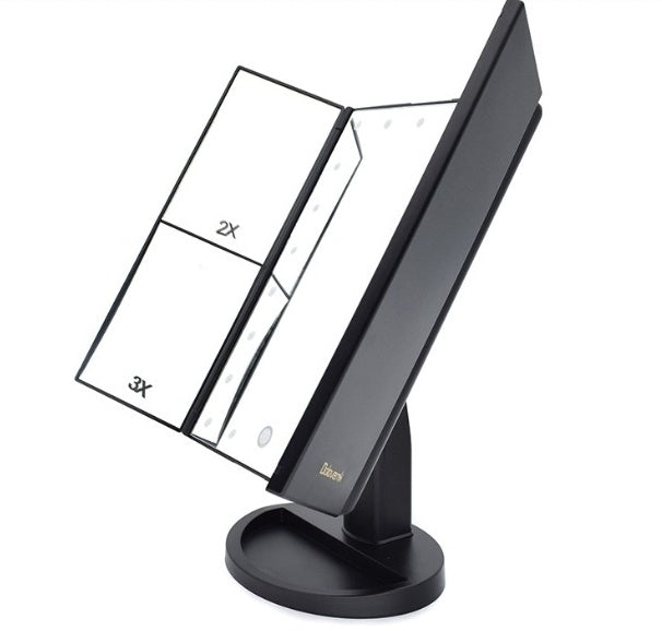 Three-Sided Foldable LED Makeup Mirror – 1× 2× 3× 10× Magnification, 180° Rotation, Dual Power - Sally Makeup Accessories 