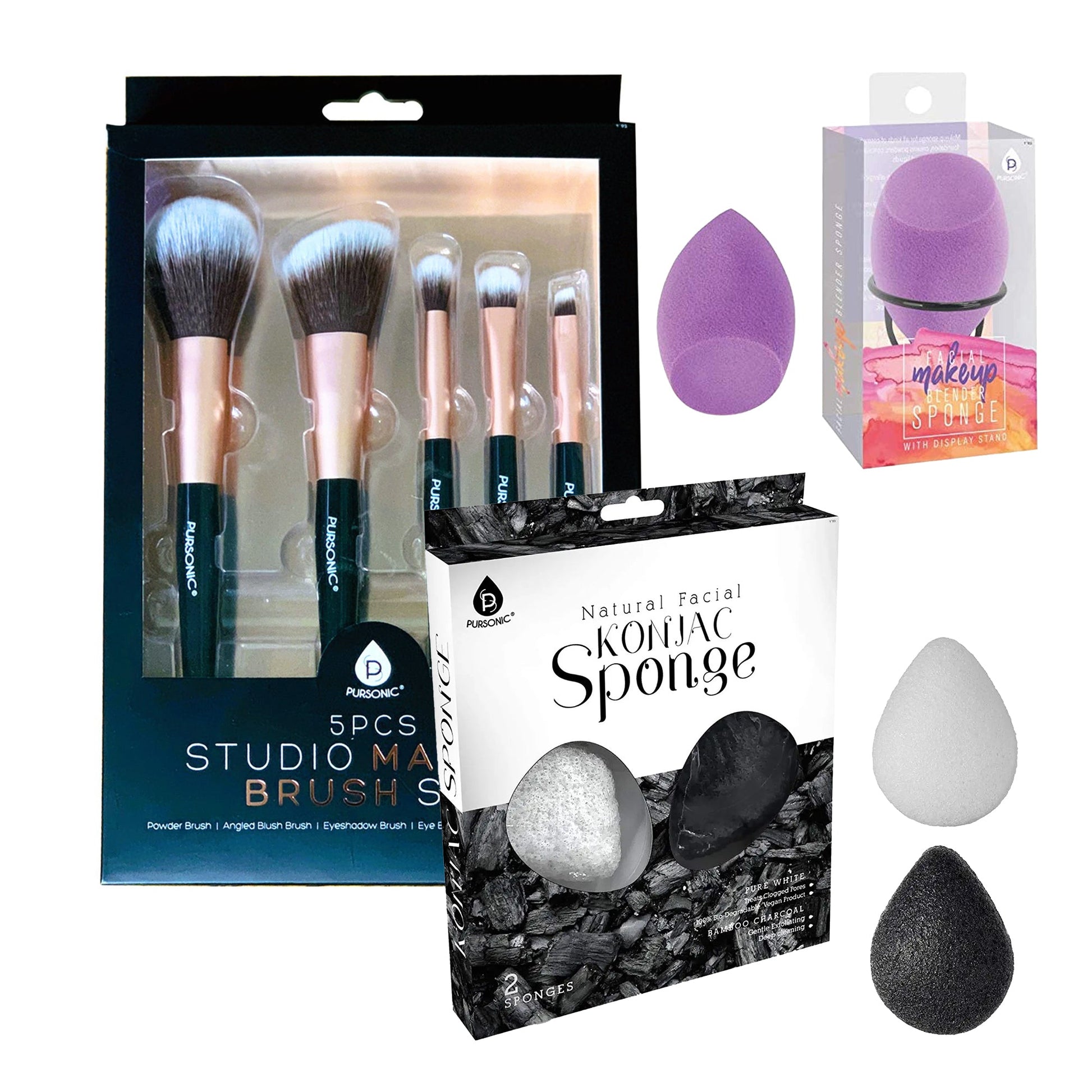 Pursonic Beauty Essentials Bundle – Makeup Blender Sponge, Konjac Facial Sponges & 5-Piece Brush Set - Sally Makeup Accessories 