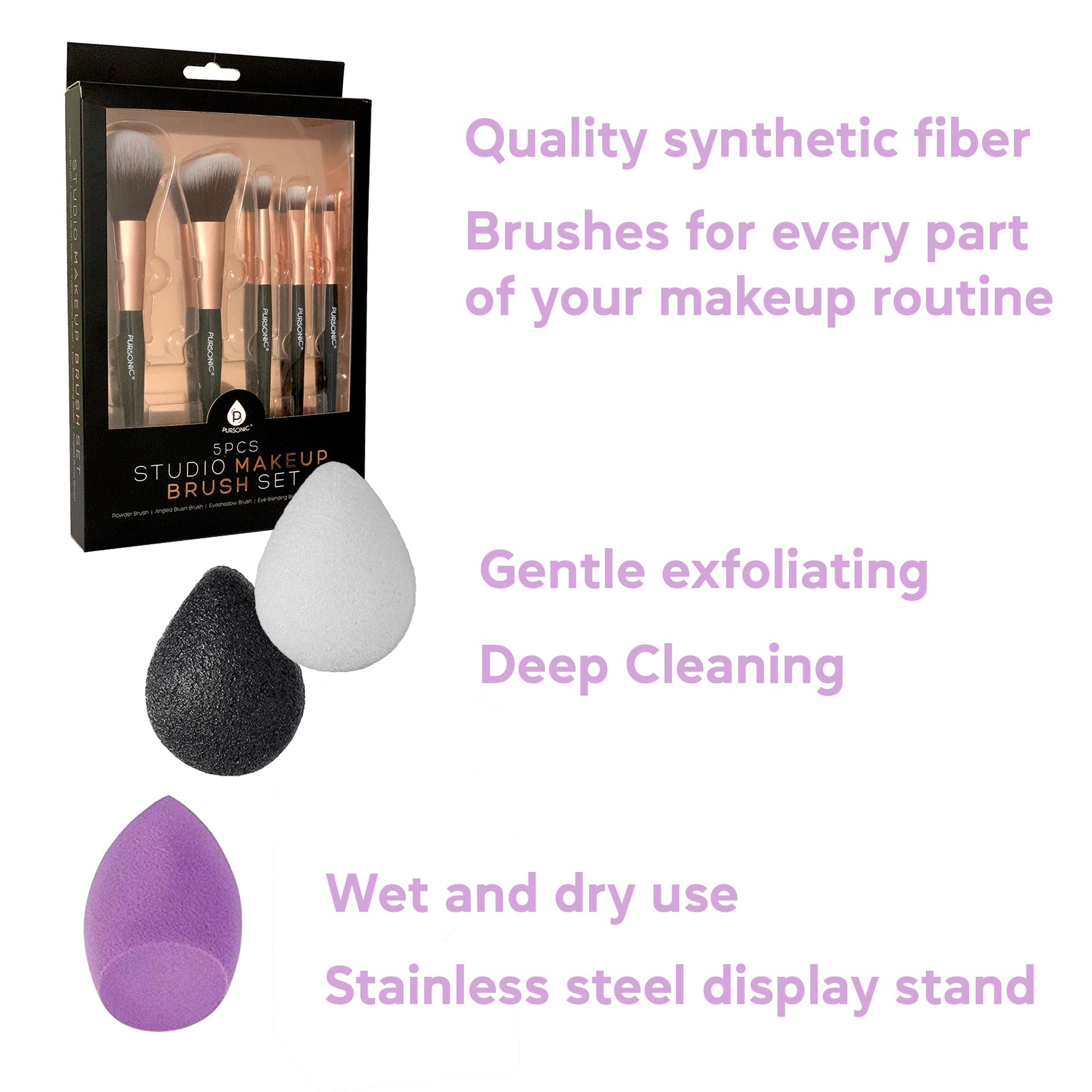 Pursonic Beauty Essentials Bundle – Makeup Blender Sponge, Konjac Facial Sponges & 5-Piece Brush Set - Sally Makeup Accessories 
