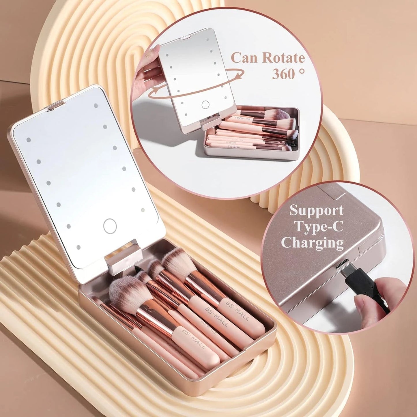 Makeup brush set with a compact mirror and charging cable 