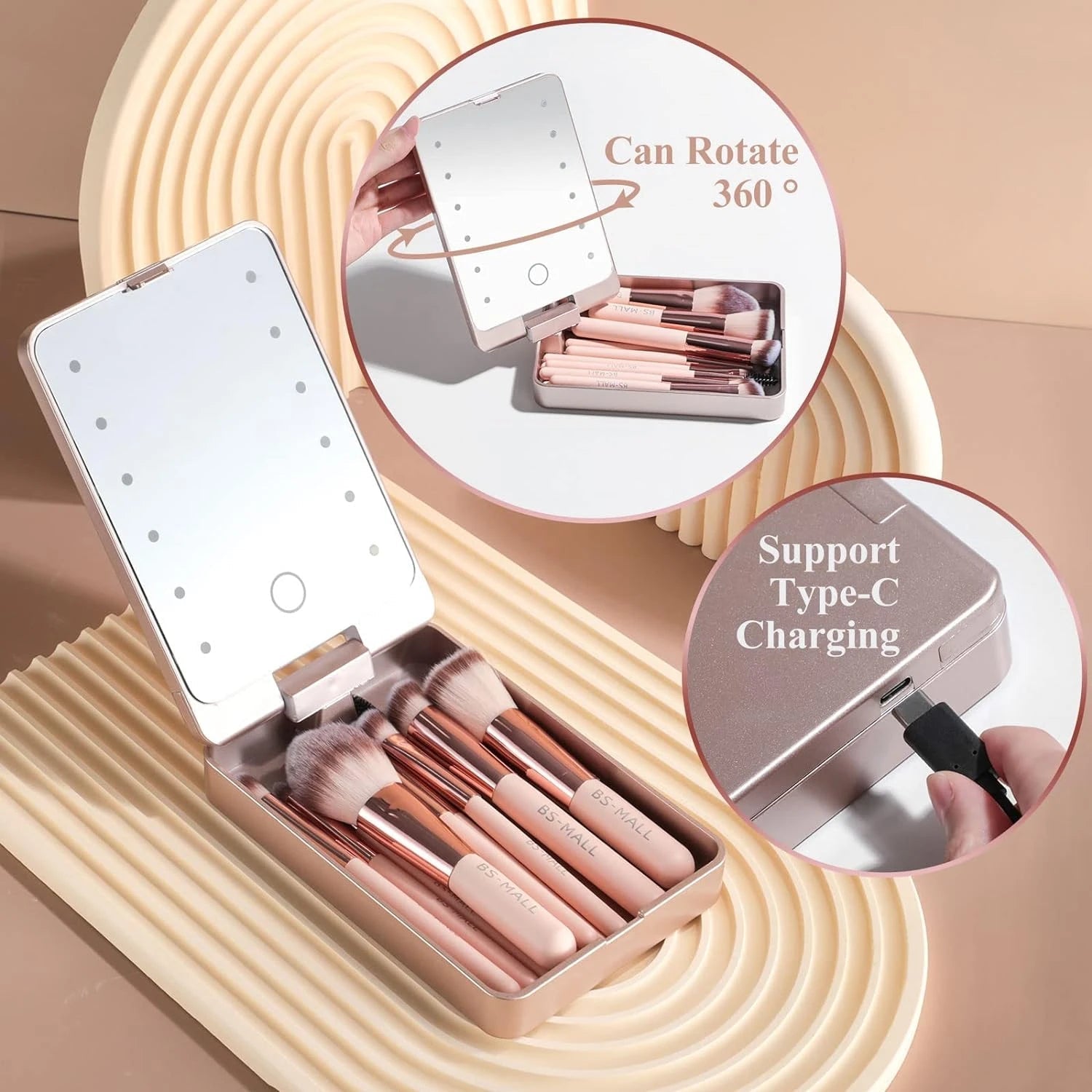 Makeup brush set with a compact mirror and charging cable 
