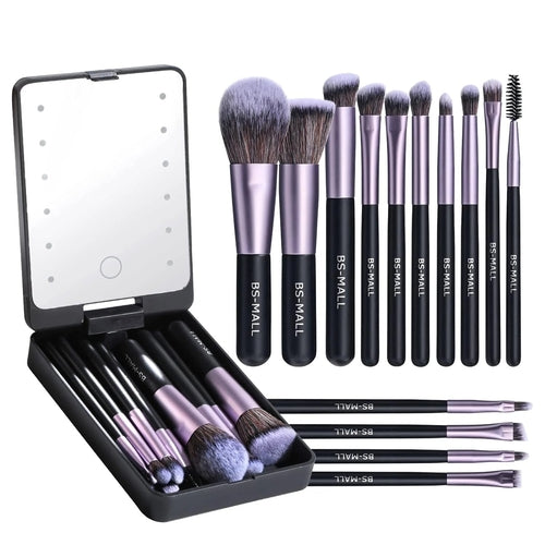 Makeup brush set with black and silver handles in a black case with a mirror, featuring the brand 'BS-MALL'.