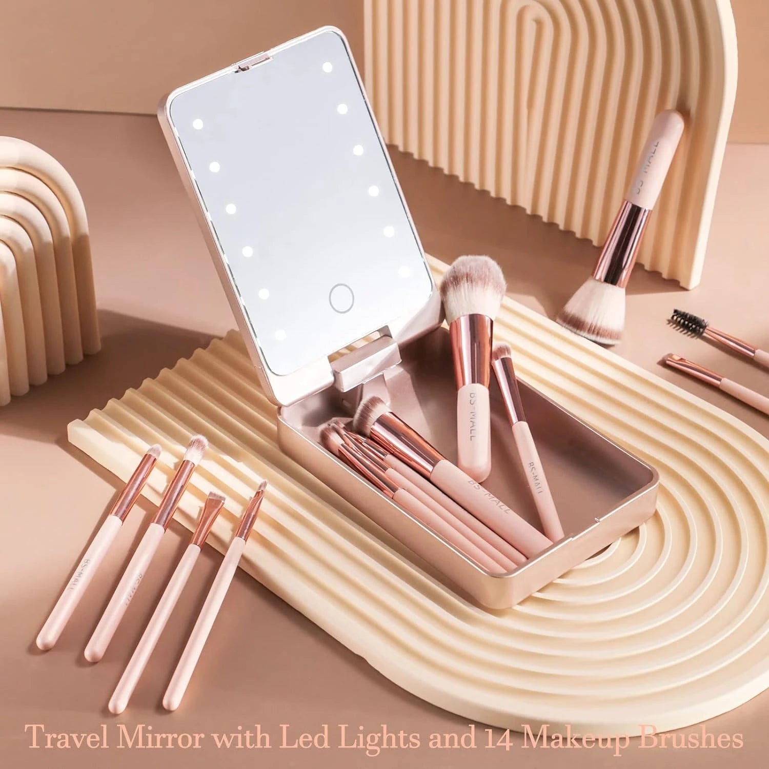 portable travel makeup brush kit with LED mirror