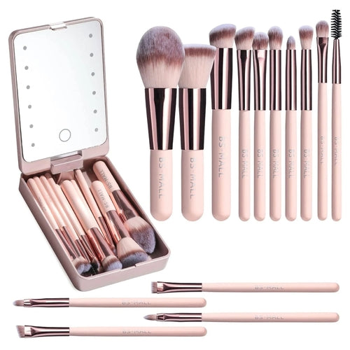 professional makeup brushes with LED mirror pink set