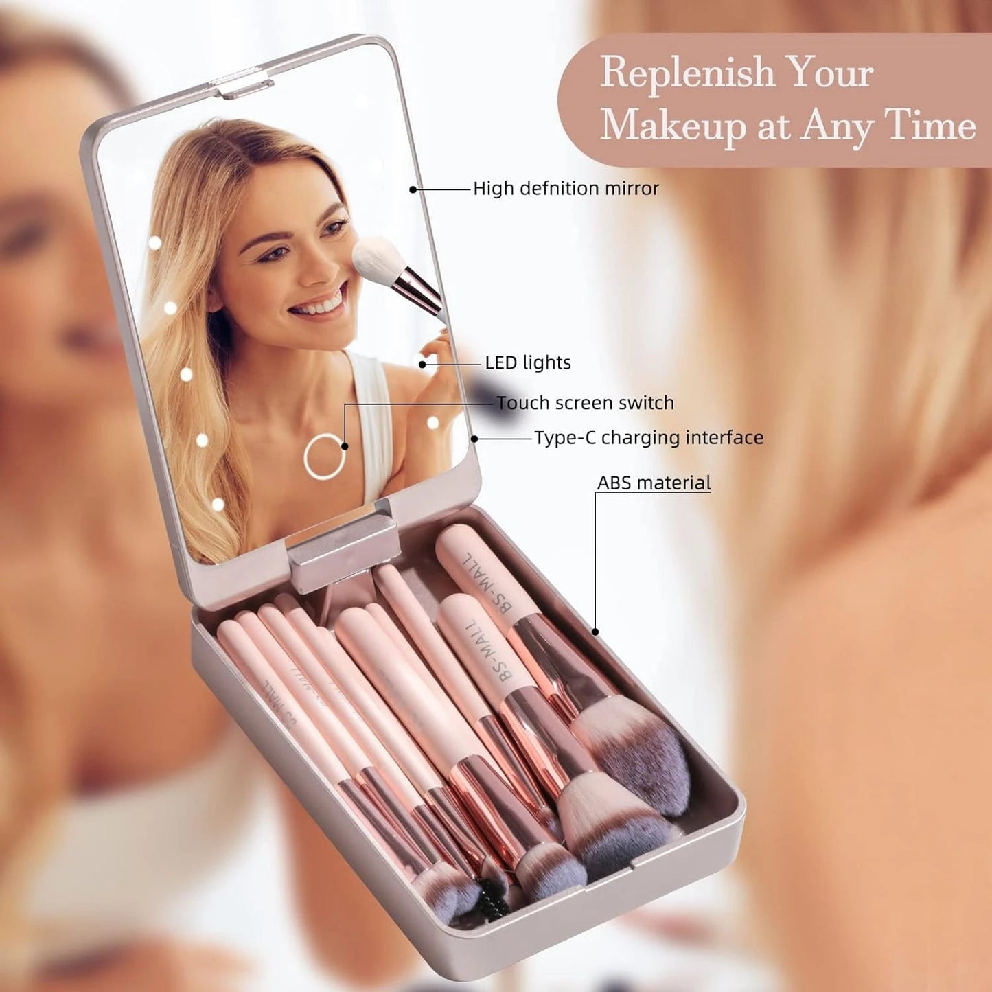 Makeup brush set with a mirror and labeled features on a blurred background