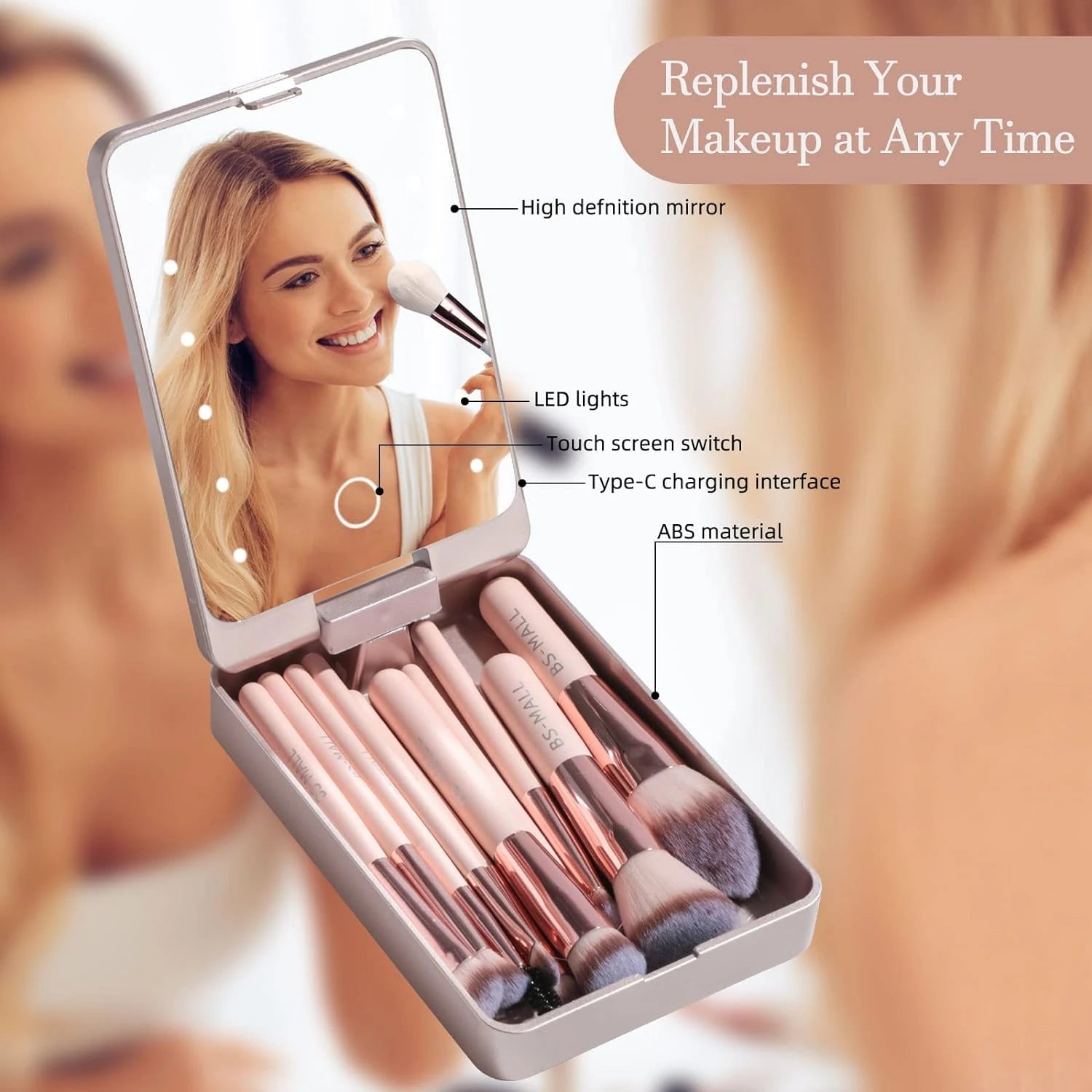 Makeup brush set with a mirror and labeled features on a blurred background