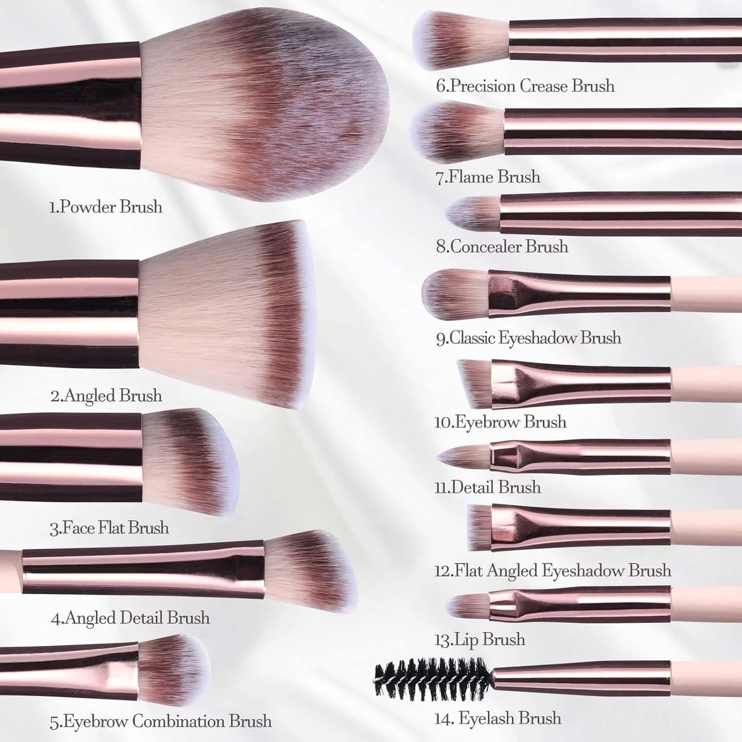 Set of makeup brushes with labels on a white background