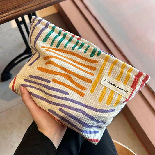 Colorful Stripes Corduroy Cosmetic Bag Portable Travel Toiletry Bag - Sally Makeup Accessories 