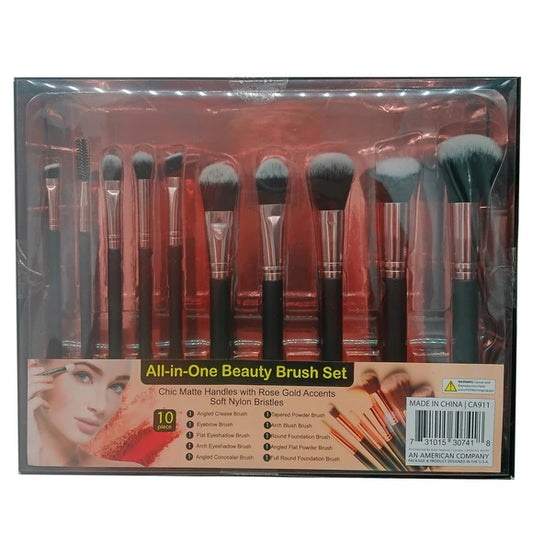 10-Pack Black Handle and Rose Gold Makeup Applicator Brush Beauty Set - Sally Makeup Accessories 